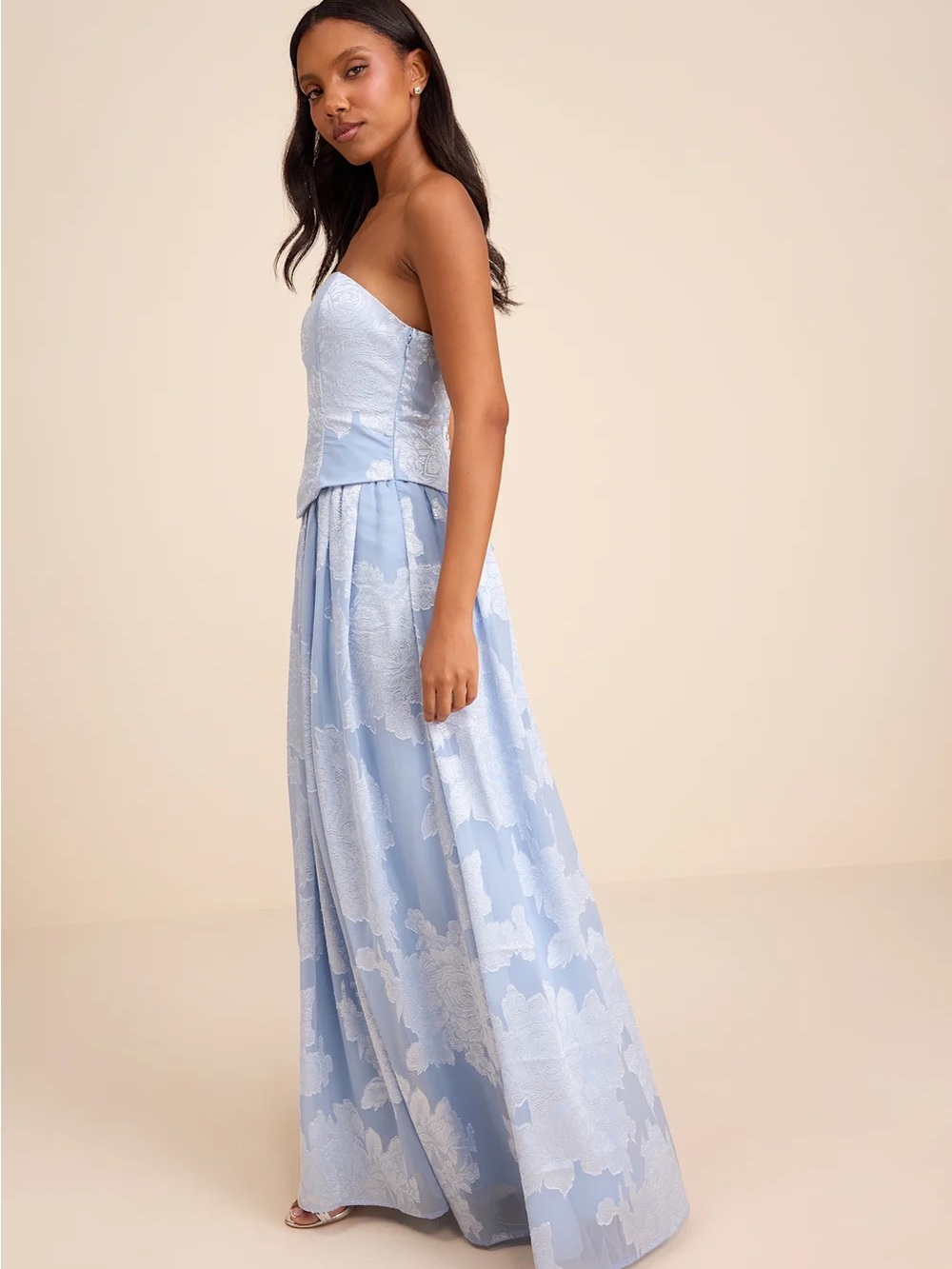 Lulu's Powder Blue Strapless Floral Jacquard Corset Gown - Picture 4 of 6